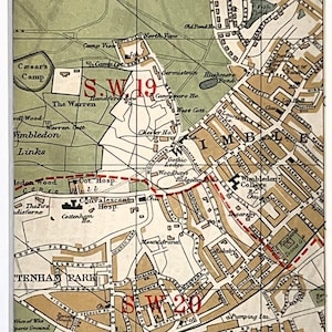 1920s VINTAGE LONDON KARTE, South West London, Wimbledon, Cottenham Park mit Passepartout gerahmt