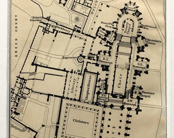 CANTERBURY CATHEDRAL Floor Plan 1910 Antique Map, Matted/ Mounted for Framing