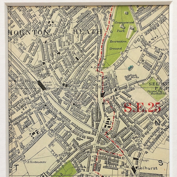 1930s VINTAGE LONDON MAP, South East London, Thornton Heath, Croydon, Matted/ Mounted for Framing