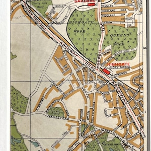 1930er Jahre VINTAGE KARTE VON LONDON, Nordwest-London, Highgate, Muswell Hill, Hampstad Heath (Geographia) mit Passepartout / Für die Gestaltung montiert