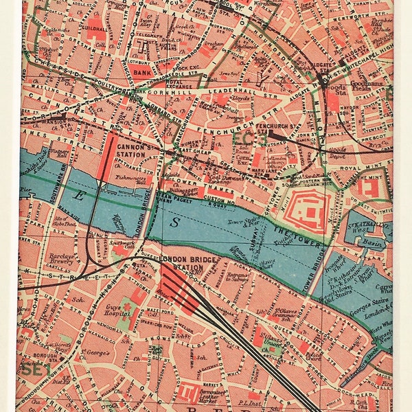 1945 VINTAGE LONDON MAP, Central London, Bermondsey, Southwark, Barbican, Spitalfields, Matted/ Mounted for Framing