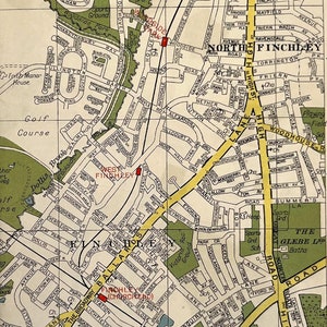 1940er Jahre VINTAGE KARTE VON LONDON, Nord-London, Nörd Finchley, Church End, mit Passepartout / Für die Rahmung montiert