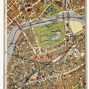1920er VINTAGE LONDON KARTE, Süd-London, Schnürsenkel, Battersea, Clapham, Philips, mit Passepartout / Passepartout für die Rahmung