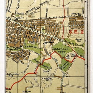 MAPA DE LONDRES VINTAGE DA DÉCADA DE 1920, Sudeste de Londres, Plumstead, Abbey Wood, Philips, com base/montado para emolduramento