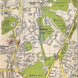1940er Jahre VINTAGE LONDON KARTE, Nordost-London, South Woodford, Eppen Forest, Higham's Park, Chingford Hatch mit Passepartout / Für die Gestaltung montiert