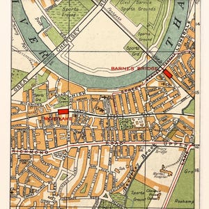 1930s VINTAGE LONDON MAP, South West London, Barnes, Mortlake (Geographia) Matted/ Mounted for Framing
