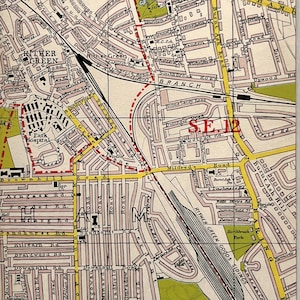 1959 VINTAGE LONDON KARTE, Südost-London, Hither Green, Lee Green, mit Passepartout / für die Rahmung montiert