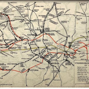 MAPA VINTAGE DE LONDRES DE LA DÉCADA DE 1940, Londres central, ferrocarriles subterráneos, enmarcado