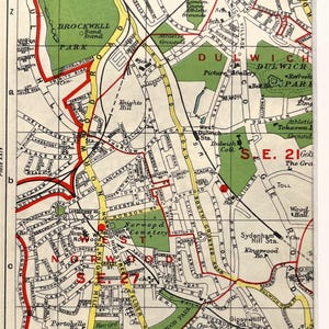 MAPA LONDYNU Z LAT 30. XX W., południowo-wschodni Londyn, Dulwich, West Norwood, Herne Hill, oprawiona w passe-partout i przeznaczona do oprawy