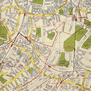 Beckenham, Penge, Sydenham c. 1960 MAPA ANTIGUO DE LONDRES, sureste de Londres, con paspartú/montaje para enmarcar