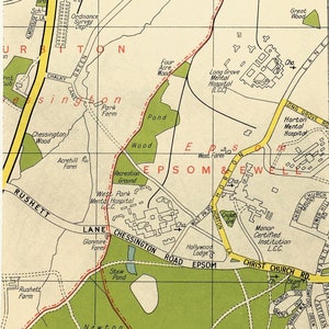 Chessington, Epsom c. 1960 MAPA VINTAGE DE LONDRES, Sudoeste de Londres, emoldurado/montado para emolduramento