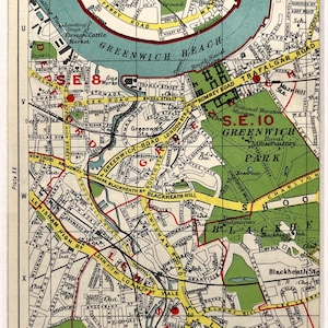 MAPA LONDYNU Z LAT 30. XX W., południowo-wschodni Londyn, Greenwich, Deptford, Blackheath Lewisham, oprawiona w passe-partout do oprawy