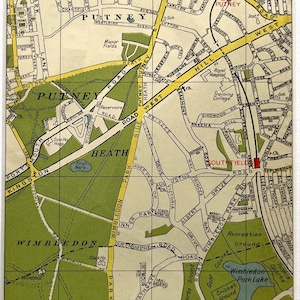 MAPA VINTAGE DE LONDRES DA DÉCADA DE 1940, Sudoeste de Londres, Putney Heath, Wimbledon Common, Southfields, emoldurado/montado para emolduramento
