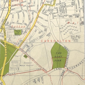 Sutton, Carshalton c. 1960 MAPA VINTAGE DE LONDRES, Sul de Londres, emoldurado/montado para emolduramento