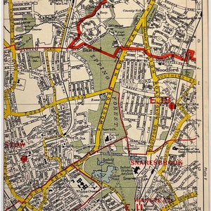 1930s VINTAGE LONDON KARTE, Nordost-London, Snarespdf, Woodford, Walthamstow, mit Passepartout & für die Rahmung montiert