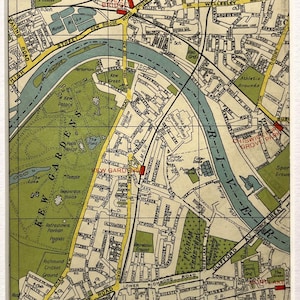VINTAGE LONDEN KAART jaren 1940, South West London, Kew Gardens, Chiswick, Gunnersbury, gematteerd/gemonteerd om in te lijsten