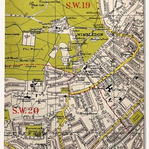 MAPA ANTIGUO DE LONDRES DE 1959, Suroeste de Londres, Wimbledon Common, Raynes Park, con paspartú/montaje para enmarcar