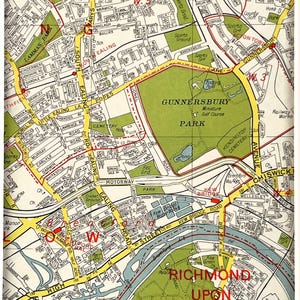 c. 1960 VINTAGE LONDON MAP, West London, Ealing, Acton, Kew, Gunnersbury Park, Brentford, Matted/ Mounted for Framing