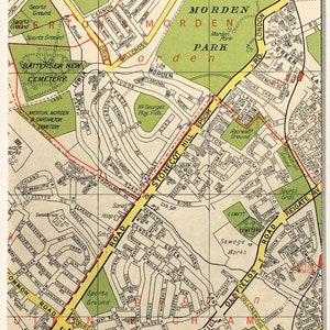 Morden, Sutton c. 1960 MAPA VINTAGE DE LONDRES, Sudoeste de Londres, emoldurado/montado para emolduramento