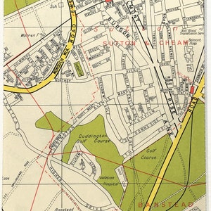 Banstead, Belmont, Cheam c. 1960 MAPA VINTAGE DE LONDRES, Sul de Londres, emoldurado/montado para emolduramento