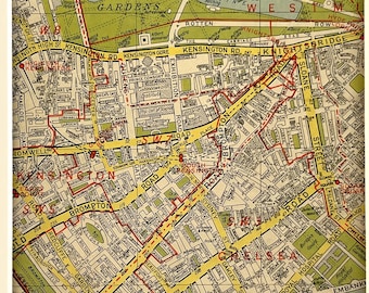 c. 1960 VINTAGE LONDON MAP, West London, Hyde Park, Kensington, Chelsea, Battersea Matted/ Mounted for Framing