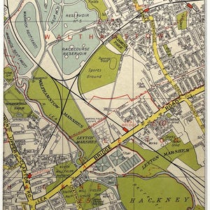 Mapa vintage de Londres de la década de 1960, noreste de Londres, Hackney Marshes, Leyton, Clapton, Walthamstow, con paspartú/montado para enmarcar.