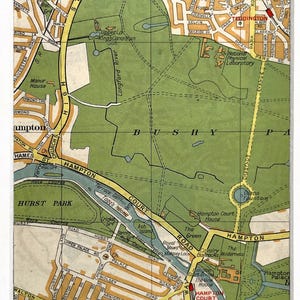 CARTE DE LONDRES VINTAGE DES ANNÉES 1930, sud-ouest de Londres, Teddington, Bushy Park, Hampton Court, passe-partout/monté pour l'encadrement