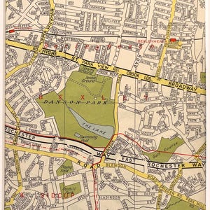 c. 1960 VINTAGE LONDON MAP, South East London, Bexleyheath, Welling, Bexley, Sidcup  Matted/ Mounted for Framing
