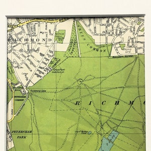MAPA VINTAGE LONDRES dos anos 1940, sudoeste de Londres, Richmond Park, emaranhado/montado para moldura