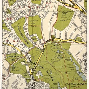 Puede incluir: Una impresión enmarcada de un mapa antiguo de Hampstead Heath, Londres. El mapa muestra carreteras, parques y nombres de calles en negro, amarillo y verde. Incluye Hampstead Heath, Golders Hill Park y Parliament Hill. La impresión está enmarcada en blanco.