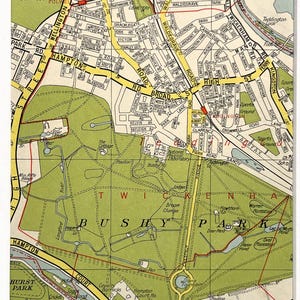 Hampton Court, Bushy Park, Teddington c. 1960 MAPA DE LONDRES VINTAGE, sudoeste de Londres, emoldurado/montado para emolduramento
