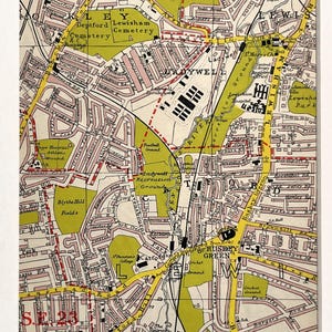 1959 VINTAGE LONDON MAP, South London, Brockley, Catford, Lewisham, Rushey Green, Matted/ Mounted for Framing