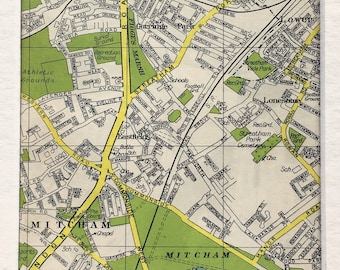 1940s VINTAGE LONDON MAP, South London, Mitcham, Tooting, Matted/ Mounted for Framing