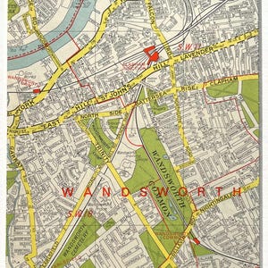c. Carte vintage de Londres de 1960, ouest de Londres, Fulham, Battersea, Wandsworth passe-partout/monté pour l'encadrement