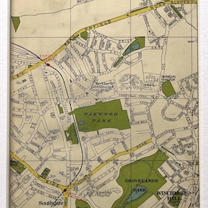 1940s VINTAGE LONDON MAP, North London, Winchmore Hill, Southgate, Oakwood, Matted/ Mounted for Framing