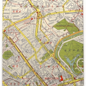 c. Carte vintage de Londres de 1960, ouest de Londres, Hampstead, Regents Park, St Johns Wood, Paddington, Marylebone, passe-partout/monté pour l'encadrement