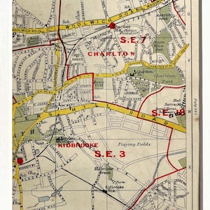 MAPA LONDYNU Z LAT 30. XX W., południowo-wschodni Londyn, Charlton, Kidbrooke, Blackheath, oprawiona w passe-partout do oprawienia
