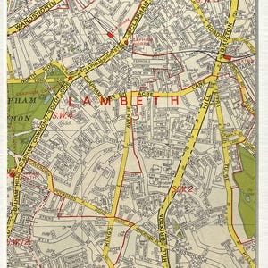 c. CARTE ANCIENNE DE LONDRES 1960, sud de Londres, Clapham, Stockwell, Wandsworth, Brixton, passe-partout/monté pour l'encadrement