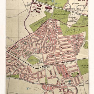 Antyczna mapa LONDYNU z 1930 r., Woolwich, Eltham, Shooters Hill, oprawiona w passe-partout do oprawienia (64)