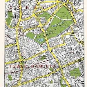 MAPA VINTAGE DE LONDRES DE LA DÉCADA DE 1960, East London, Stepney, Bethnal Green, Hackney, Bow, con paspartú/montaje para enmarcar