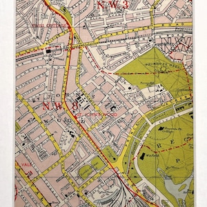 1959 VINTAGE LONDON MAP, North West London, Regent&#39;s Park, St Johns Wood, Hampstead, Matted/ Mounted for Framing
