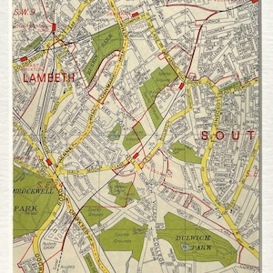 c. 1960 MAPA VINTAGE DE LONDRES, Sul de Londres, Dulwich, Brixton, Denmark Hill, Peckham Rye, Herne Hill, emoldurado/montado para emolduramento