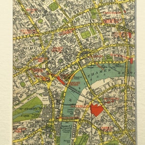 MAPA VINTAGE LONDRES dos anos 1940, centro de Londres, Lambeth, Westminster, Soho, Bloomsbury, emaranhado/montado para moldura