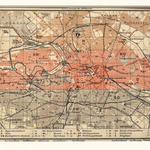 BERLIN Town City Plan, GERMANY 1913 Small Antique Colour Map