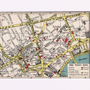 1940er Jahre VINTAGE LONDON KARTE, Central London, West End Theater, Speck, mit Passepartout / montiert für die Gestaltung