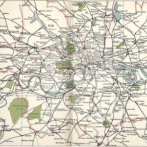 1920 Antike Landkarte von London, London & Suburbs Eisenbahnen und Postviertel, kleine faltbare Farbkarte (4)