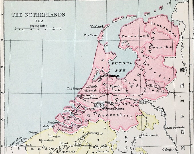 NETHERLANDS in 1702 c. 1900 Small Antique Colour Map