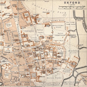 OXFORD Stadtplan, 1910 kleine antike farbige Karte