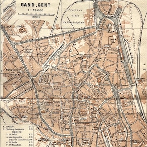 GAND (GHENT) City Plan, BELGIUM 1910 Small Antique Colour Map