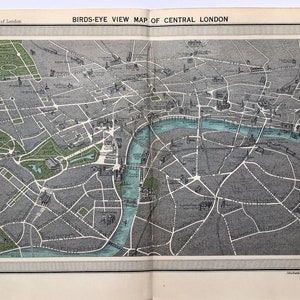 1929 Antike London-Karte, Vogelaugenansicht von zentralem London, kleine faltbare Farbkarte (1) SIEHE BESCHREIBUNG
